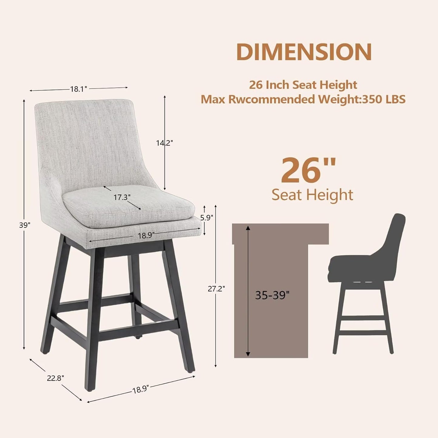 360°Swivel Bar Stool, Modern 26" Upholstered Barstool, White