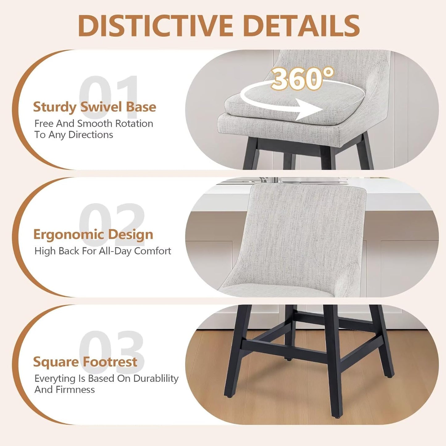 360°Swivel Bar Stool, Modern 26" Upholstered Barstool, White